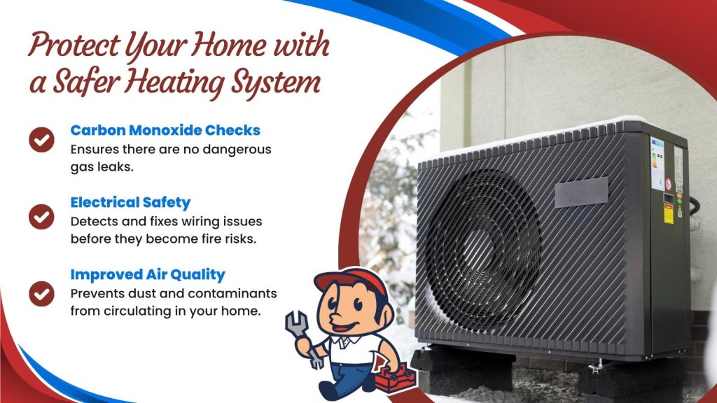 This is an image of a heat pump. The headline reads; Protect your home with a safer heating system.