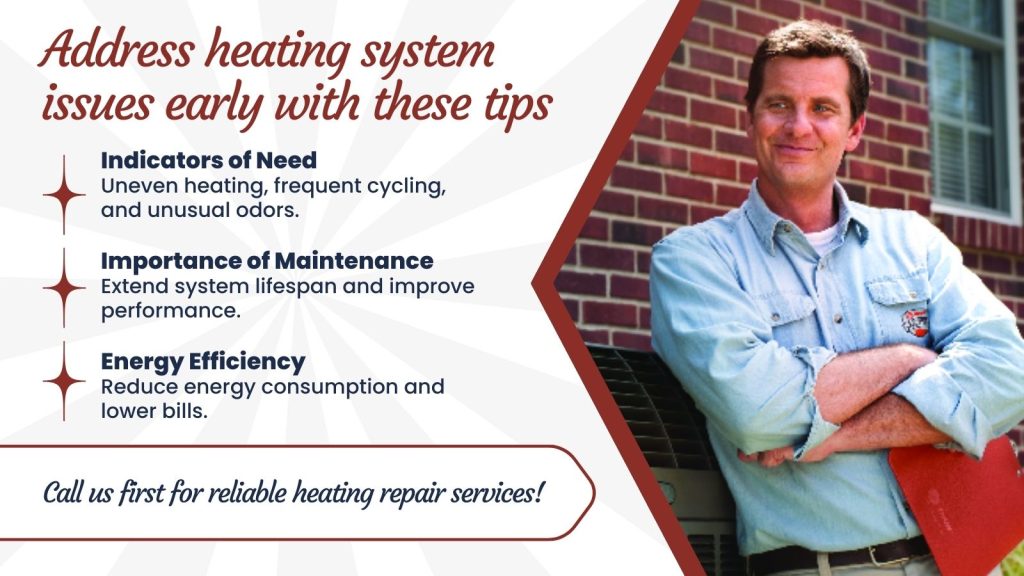 This is an image of an HVAC tech leaning against a heat pump. The headline reads; Address heating system issues early with these tips.